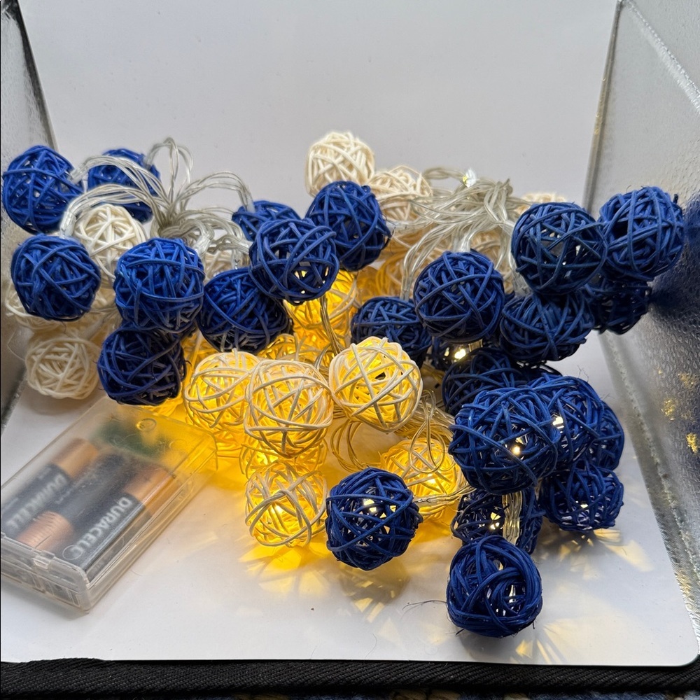 1 string of Decorative Blue and Cream Rattan String Lights-20 balls